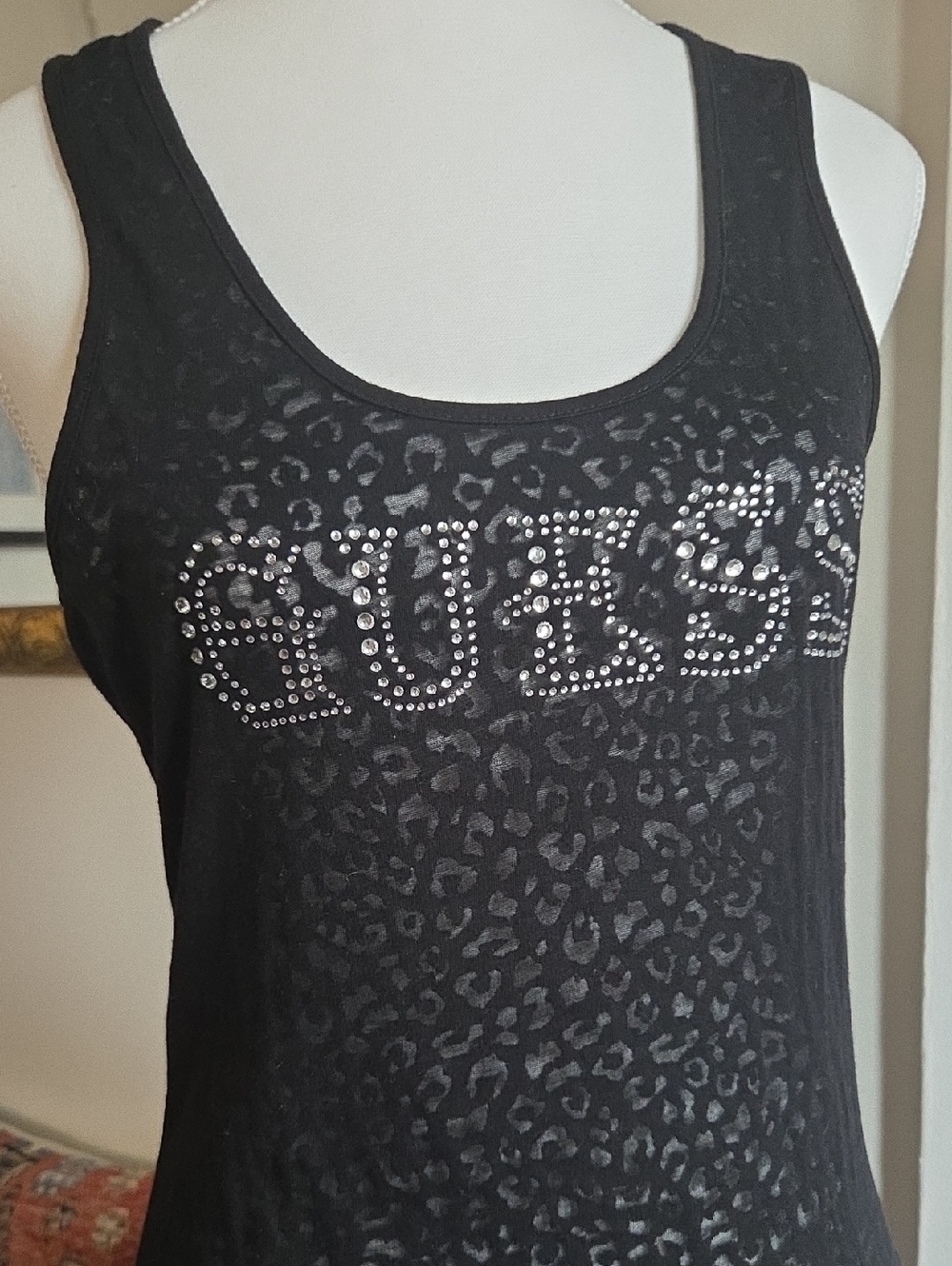 Y2K GUESS Rhinestone Tank -Sheer Leopard Print Racerback